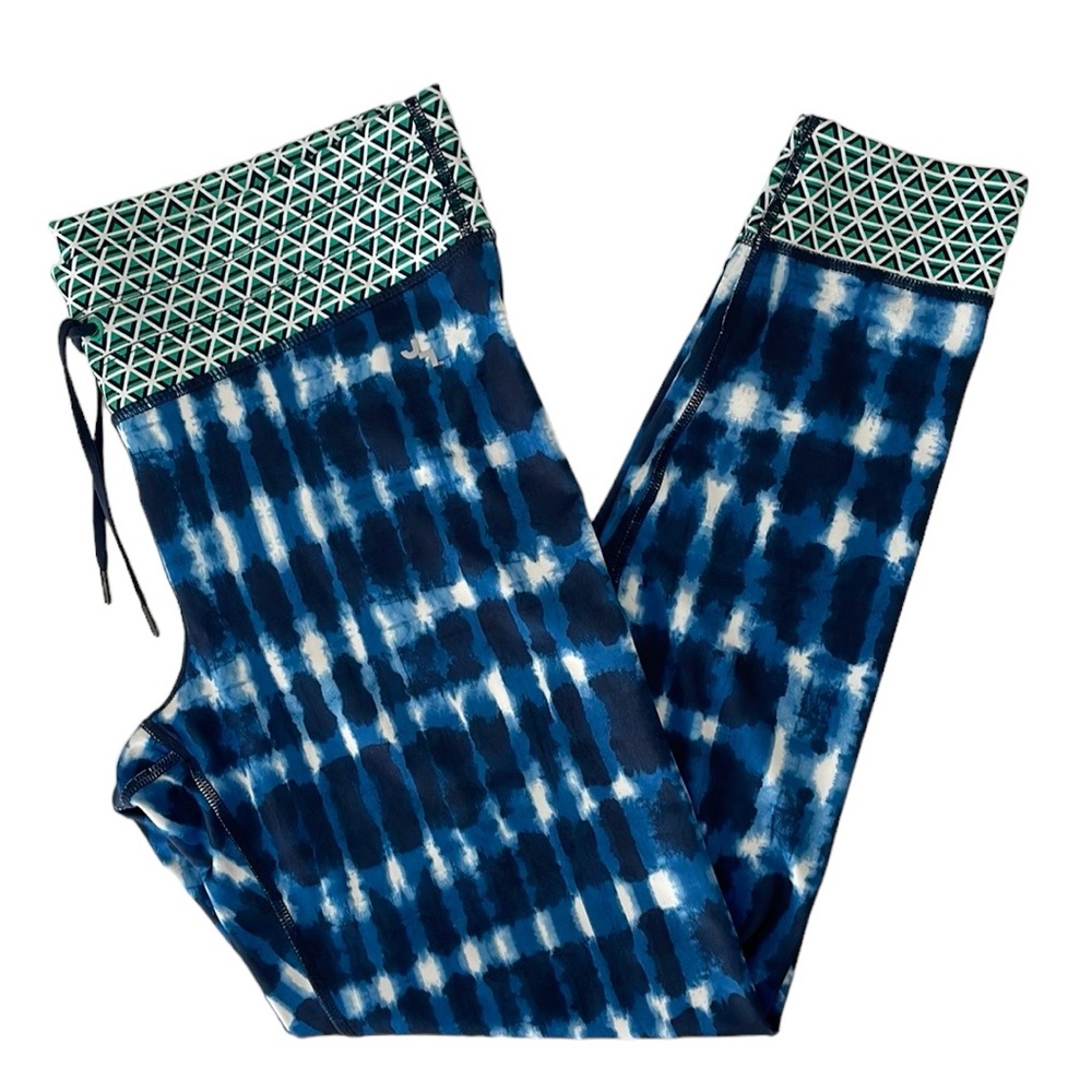 JoyLab women’s Large leggings. Blue/White/Green tie dye & geometric trim. EUC